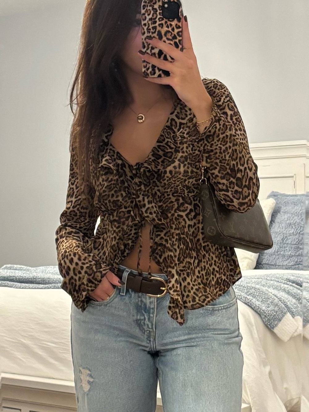 rachel zoe ruffle leopard tie blouse